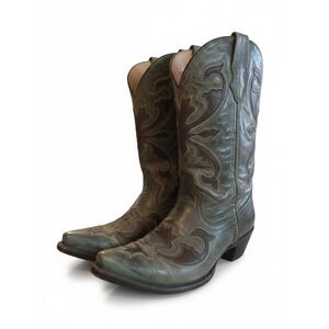 Corral Western Boots 11 Green Leather Distressed Floral Inlay Snip Toe Boho